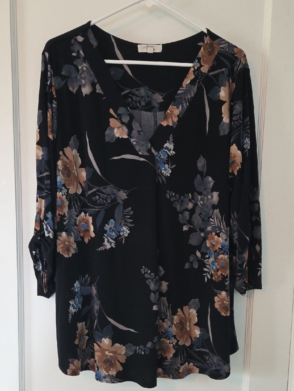 Beacon Black Floral V-Neck Long Sleeve Tunic with Blue & Tan Flowers